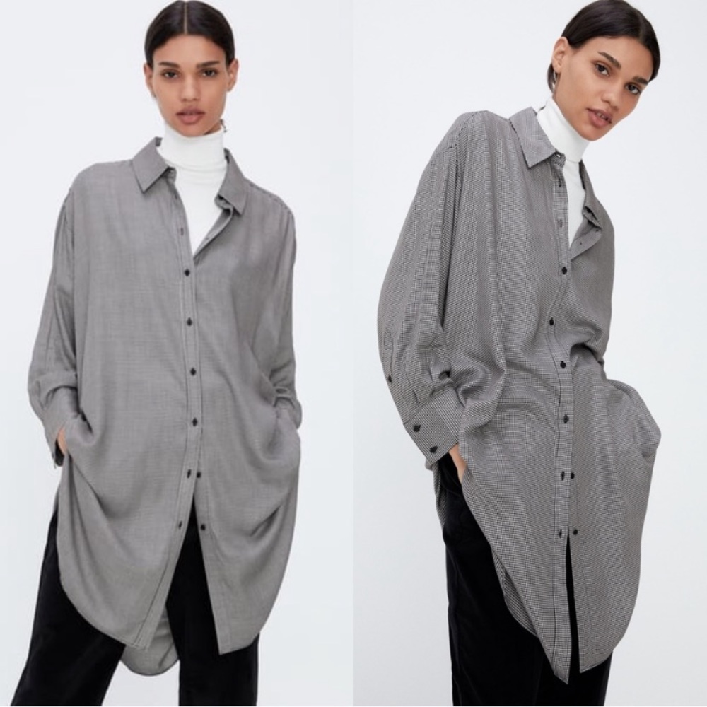 ZARA Houndstooth Oversized Dress Blouse Black White Large